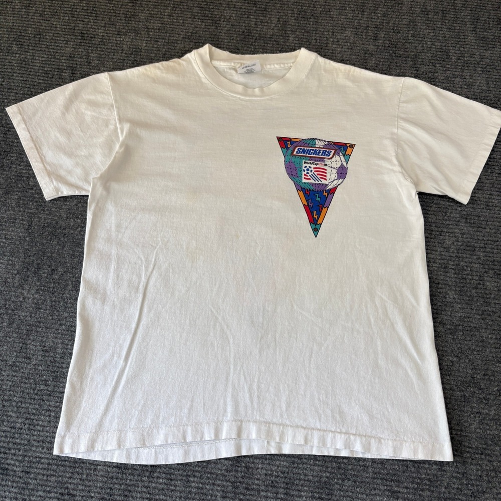 Vintage 1993 Snickers World Cup USA 94 T Shirt Mens Large White Single Stitch